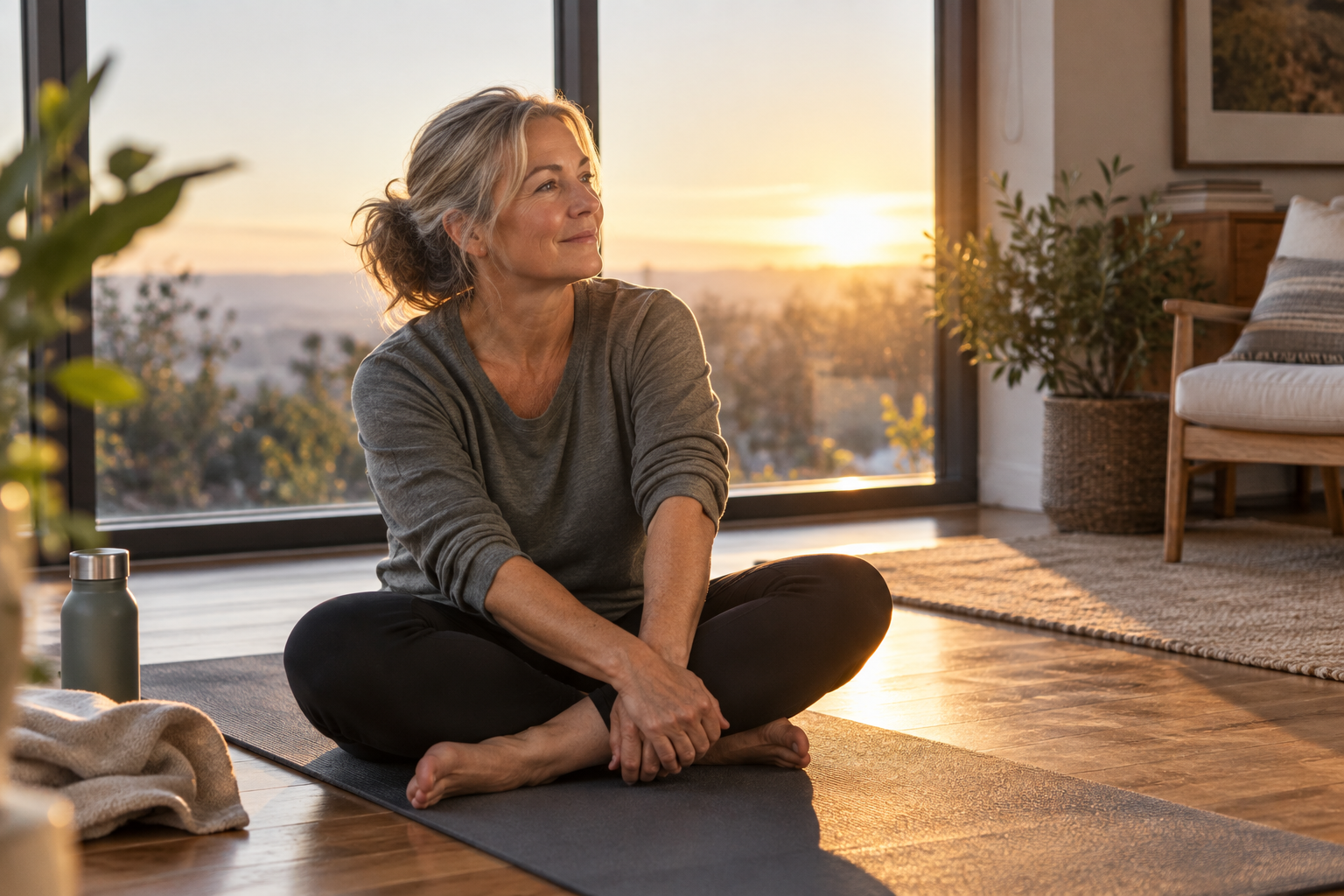Woman seated on an exercise mat