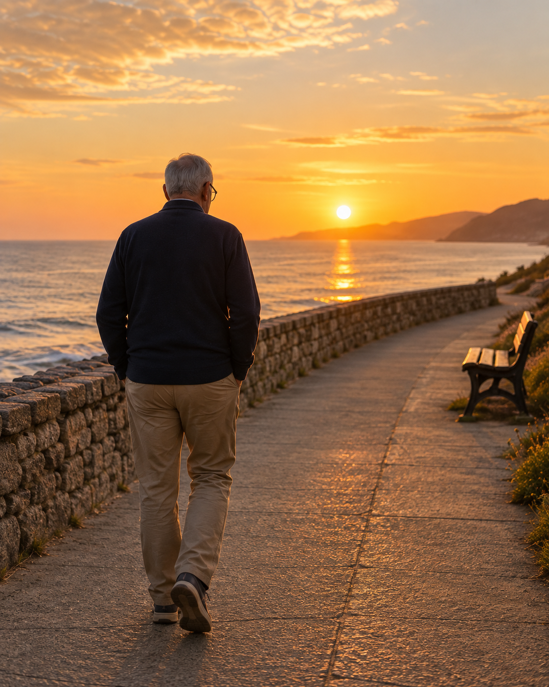 Older man walking outdoors at sunset