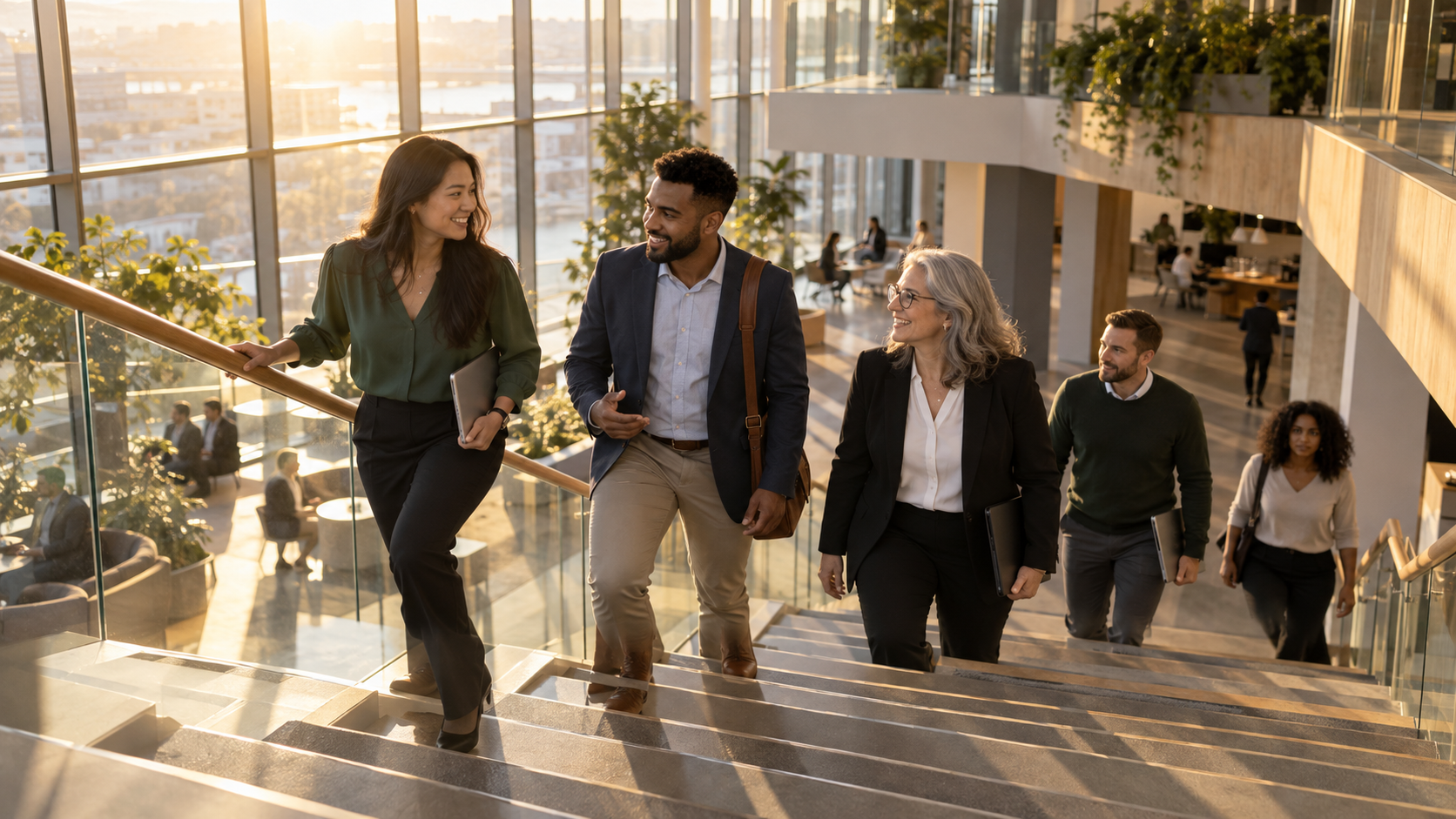 People moving through a modern workplace